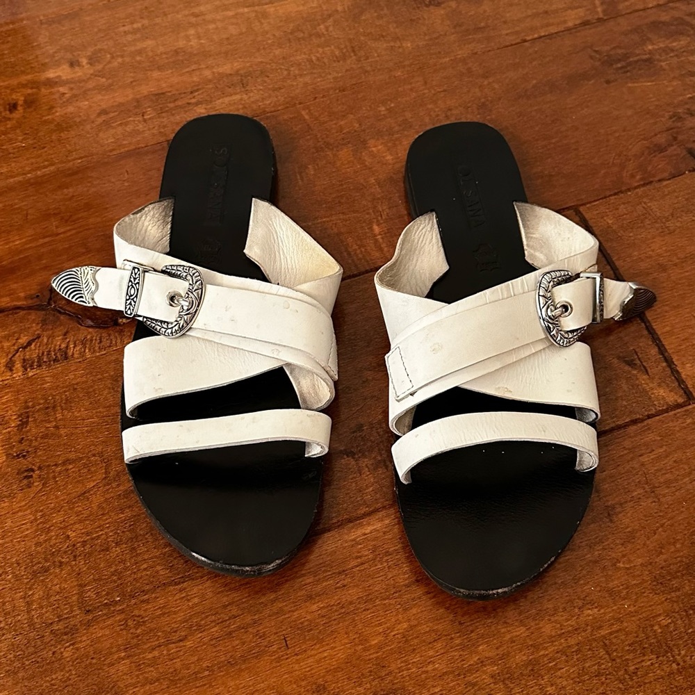 Solsana White Leather Buckle Sandals - Size 40